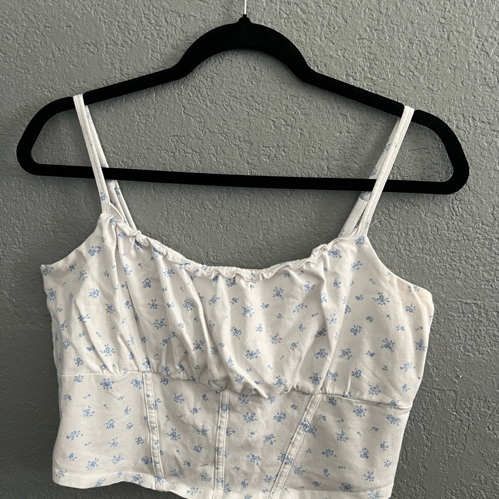 Hollister White Fitted Camisole with Blue Flowers
